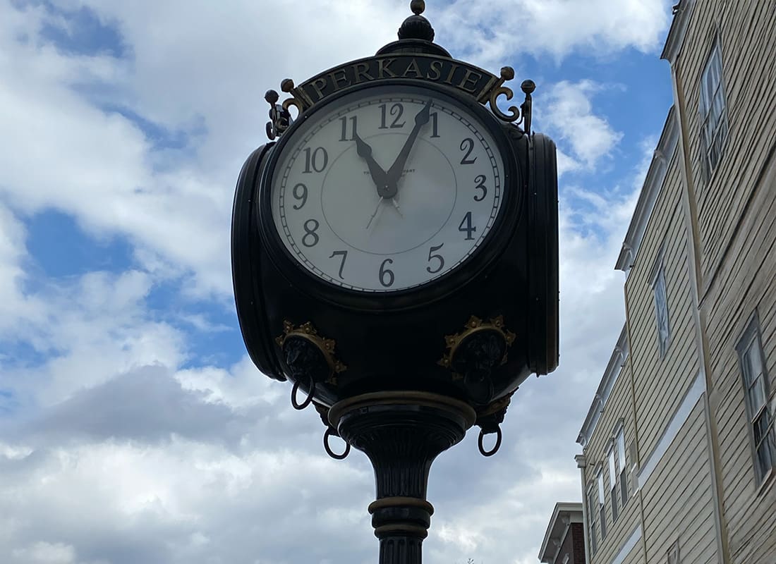 Perkasie, PA - Local Historical Clock in the Middle of Town Acing the Beautiful Blue Sky