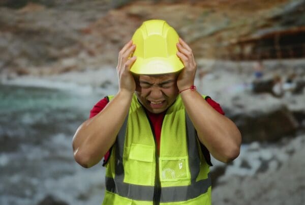 Man wearing safety gear looking stressed at seaside construction site with rocky background.